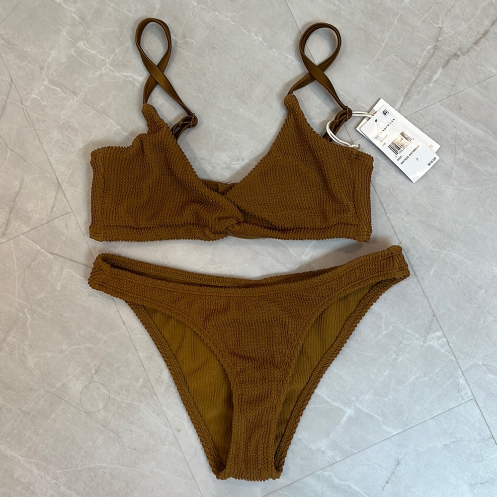 Good American Always Fits Twist Top and Bikini Bottoms in Bronze Brown